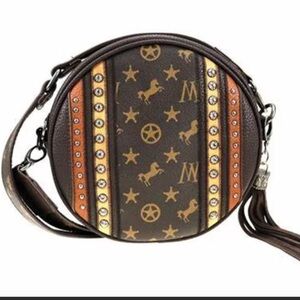 Montana West Signature Monogram Collection Circle Crossbody Bag with Tassel